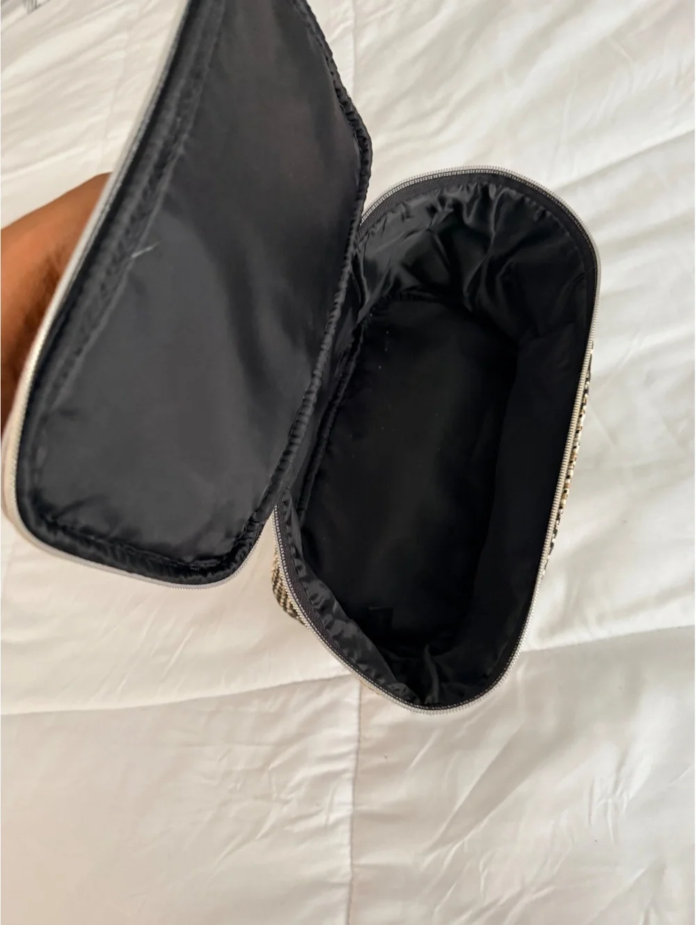 Woven Patterned Cosmetic or Toiletry Bag with White Handle